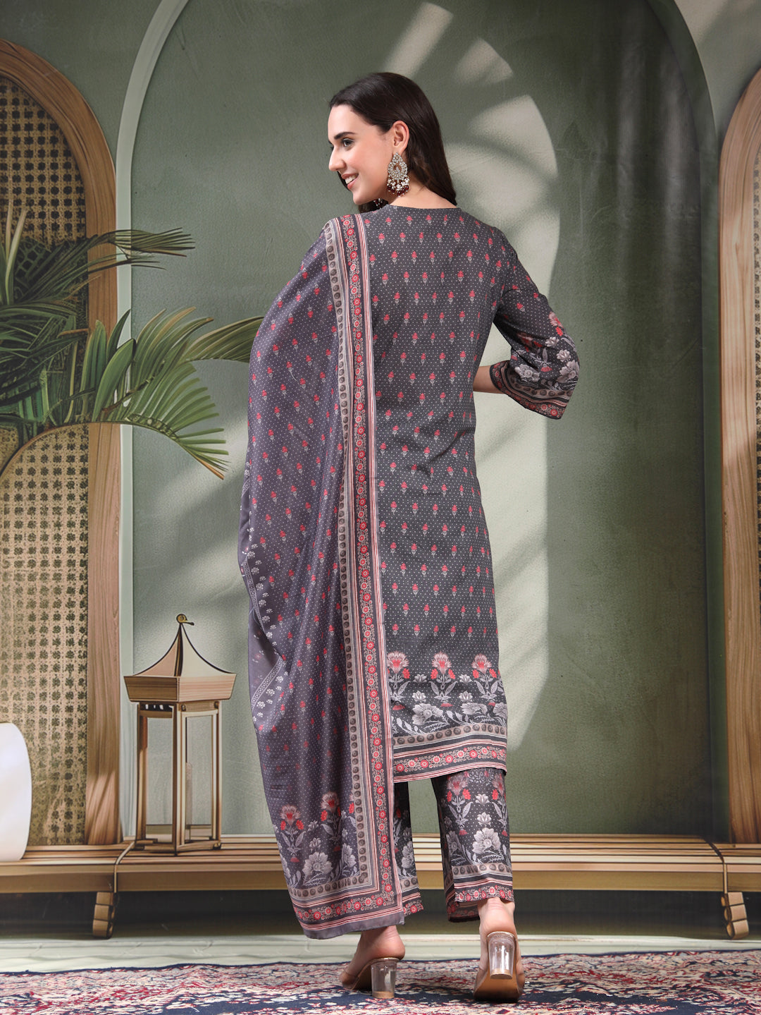 Women Grey Printed Keyhole Neck Kurta & Trousers With Dupatta