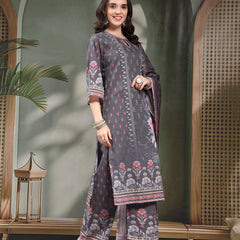 Women Grey Printed Keyhole Neck Kurta & Trousers With Dupatta