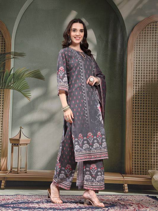 Women Grey Printed Keyhole Neck Kurta & Trousers With Dupatta