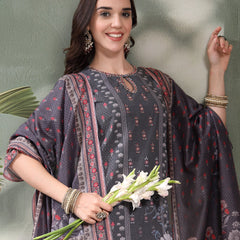 Women Grey Printed Keyhole Neck Kurta & Trousers With Dupatta