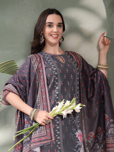 Women Grey Printed Keyhole Neck Kurta & Trousers With Dupatta