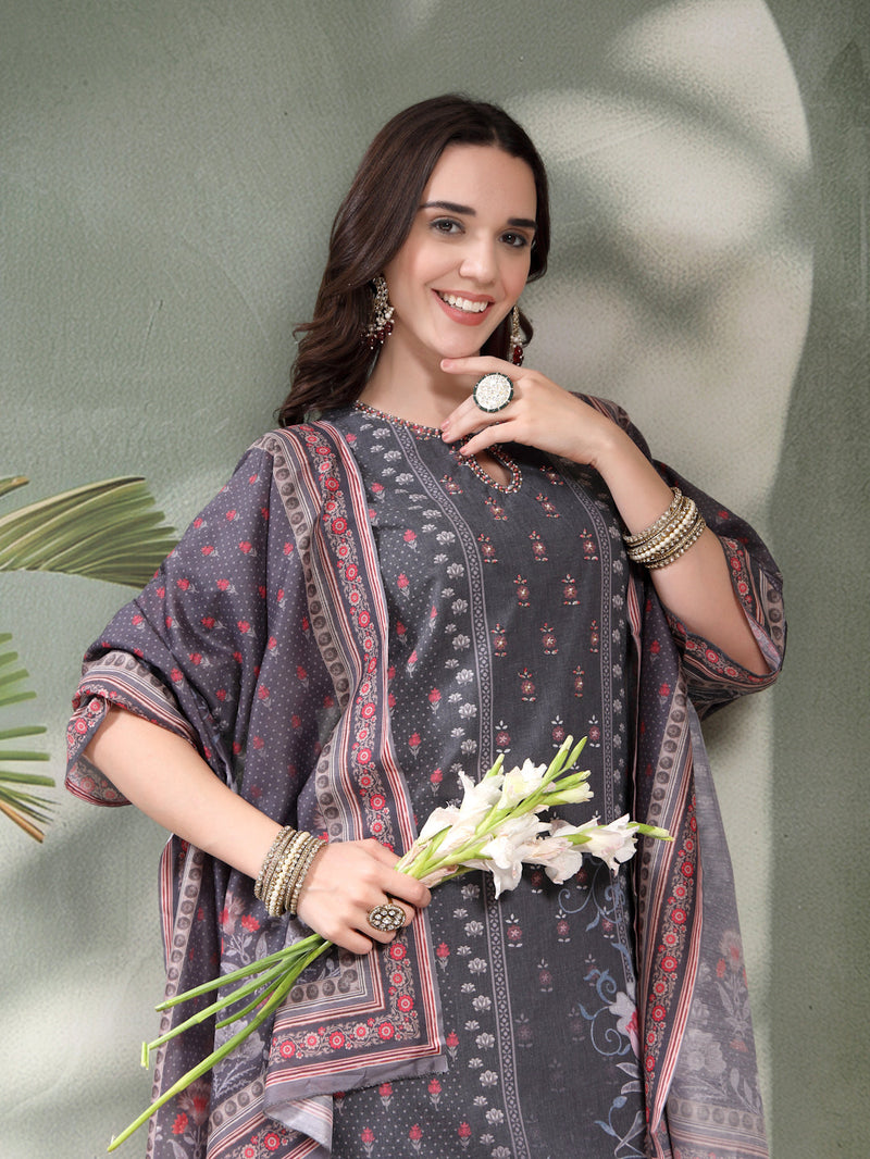 Women Grey Printed Keyhole Neck Kurta & Trousers With Dupatta