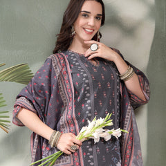 Women Grey Printed Keyhole Neck Kurta & Trousers With Dupatta