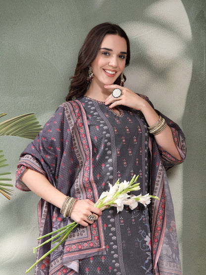 Women Grey Printed Keyhole Neck Kurta & Trousers With Dupatta