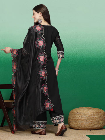 Women Black Color Embroidery Kurta Palazzo With Dupatta Set