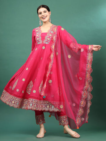 Women Pink Color Embroidery Anarkali Kurta Pant With Dupatta Set