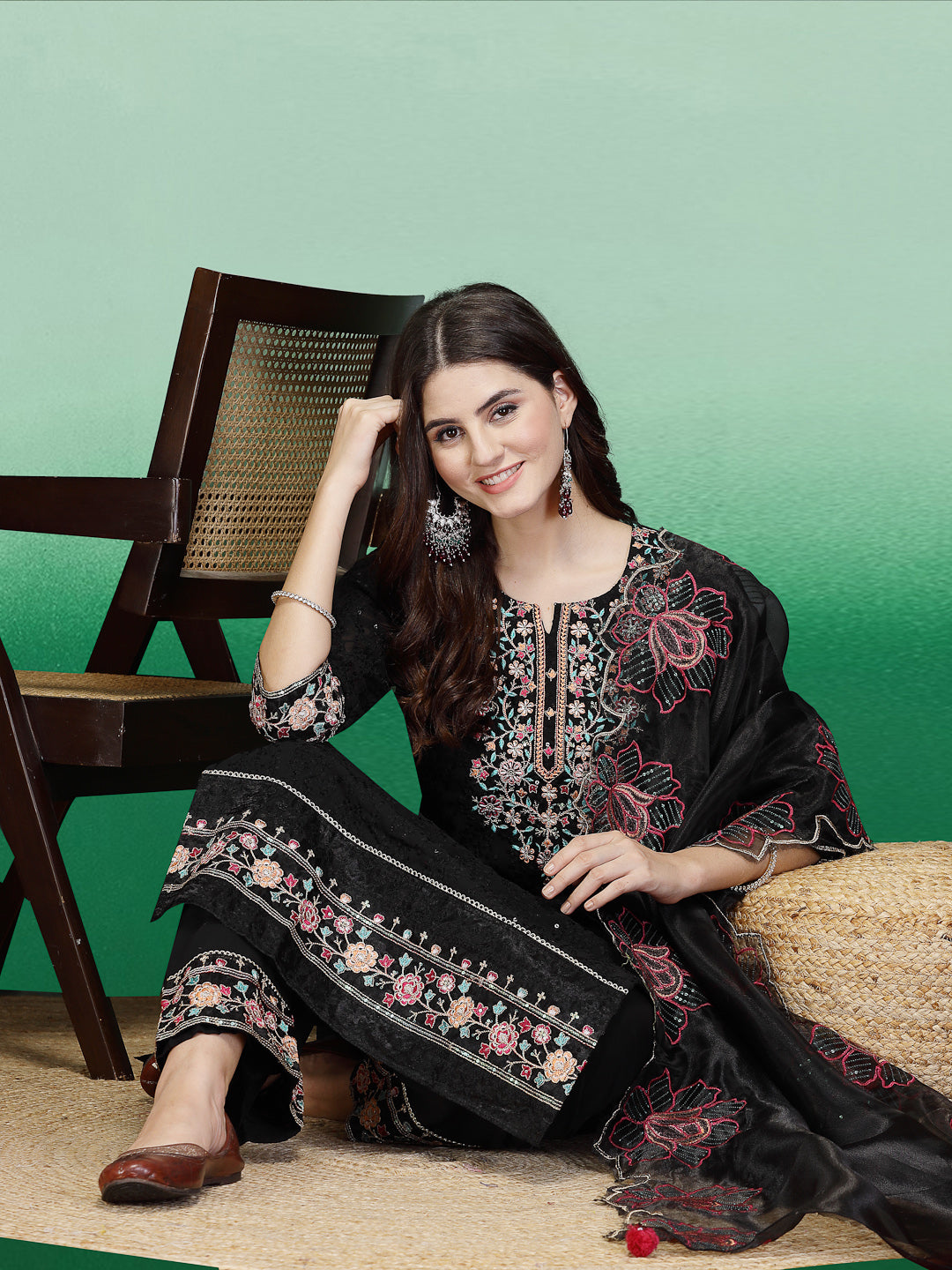 Women Black Color Embroidery Kurta Palazzo With Dupatta Set