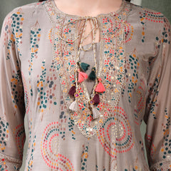 Women Grey Embroidered Pure Silk Tie-Up Neck Kurta & Trousers With Dupatta