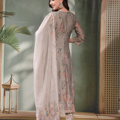 Women Grey Embroidered Pure Silk Tie-Up Neck Kurta & Trousers With Dupatta