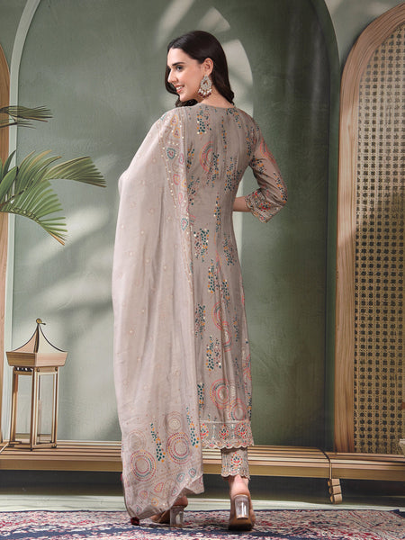 Women Grey Embroidered Pure Silk Tie-Up Neck Kurta & Trousers With Dupatta