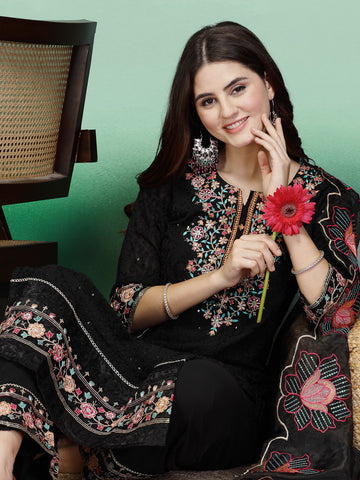 Women Black Color Embroidery Kurta Palazzo With Dupatta Set