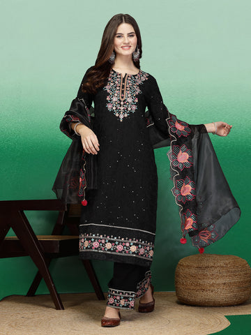 Women Black Color Embroidery Kurta Palazzo With Dupatta Set