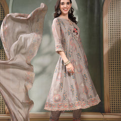 Women Grey Embroidered Pure Silk Tie-Up Neck Kurta & Trousers With Dupatta