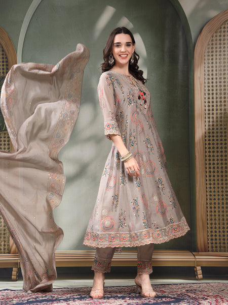 Women Grey Embroidered Pure Silk Tie-Up Neck Kurta & Trousers With Dupatta