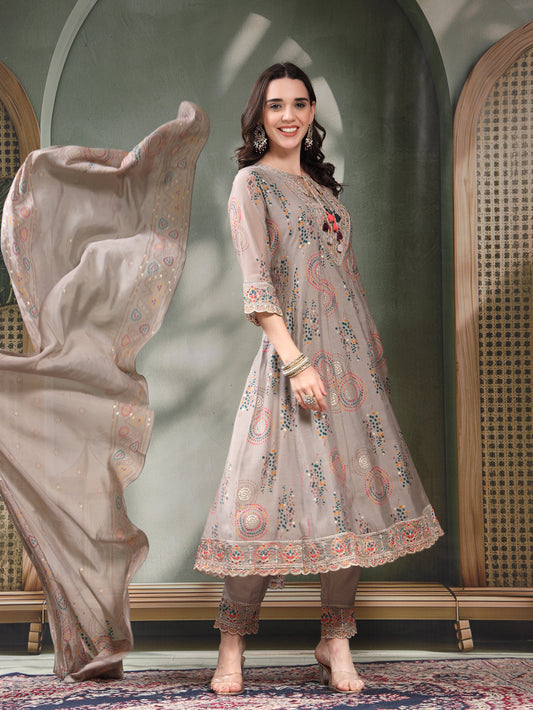 Women Grey Embroidered Pure Silk Tie-Up Neck Kurta & Trousers With Dupatta