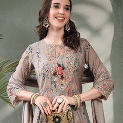 Women Grey Embroidered Pure Silk Tie-Up Neck Kurta & Trousers With Dupatta
