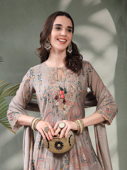 Women Grey Embroidered Pure Silk Tie-Up Neck Kurta & Trousers With Dupatta