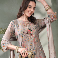 Women Grey Embroidered Pure Silk Tie-Up Neck Kurta & Trousers With Dupatta