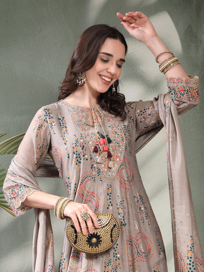 Women Grey Embroidered Pure Silk Tie-Up Neck Kurta & Trousers With Dupatta