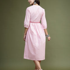 Women Pink Floral Printed Mandarin Collar Mirror Work Cotton Fit & Flare Midi Ethnic Dress