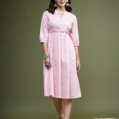 Women Pink Floral Printed Mandarin Collar Mirror Work Cotton Fit & Flare Midi Ethnic Dress