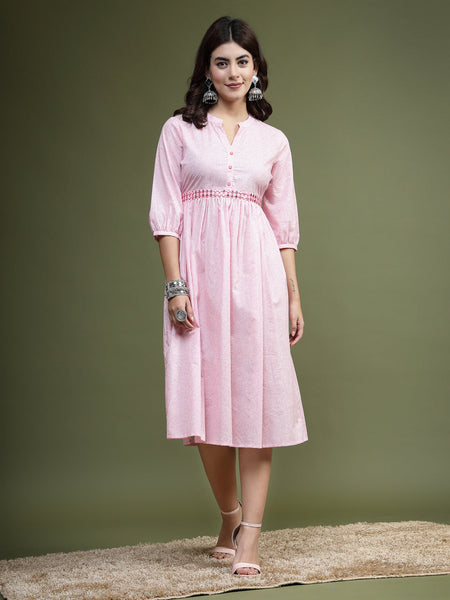 Women Pink Floral Printed Mandarin Collar Mirror Work Cotton Fit & Flare Midi Ethnic Dress