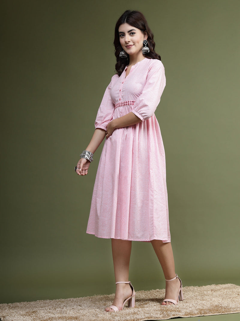 Women Pink Floral Printed Mandarin Collar Mirror Work Cotton Fit & Flare Midi Ethnic Dress