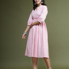 Women Pink Floral Printed Mandarin Collar Mirror Work Cotton Fit & Flare Midi Ethnic Dress