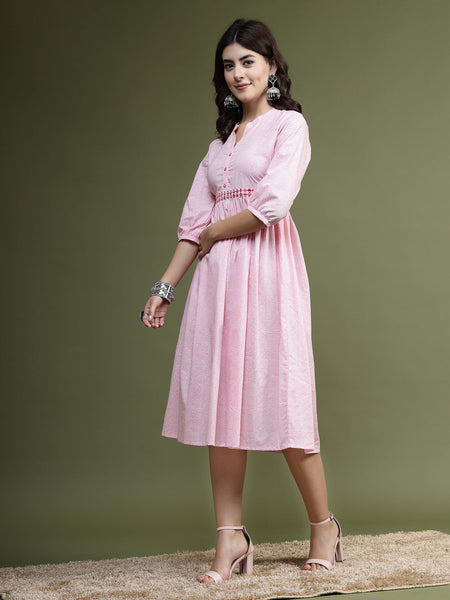 Women Pink Floral Printed Mandarin Collar Mirror Work Cotton Fit & Flare Midi Ethnic Dress