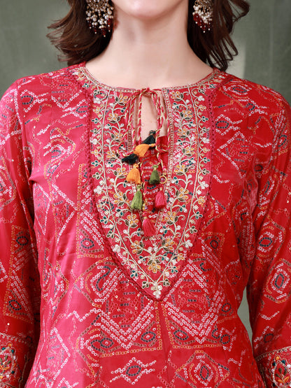 Women Pink Embroidered Keyhole Neck Kurta & Trousers with Dupatta Set