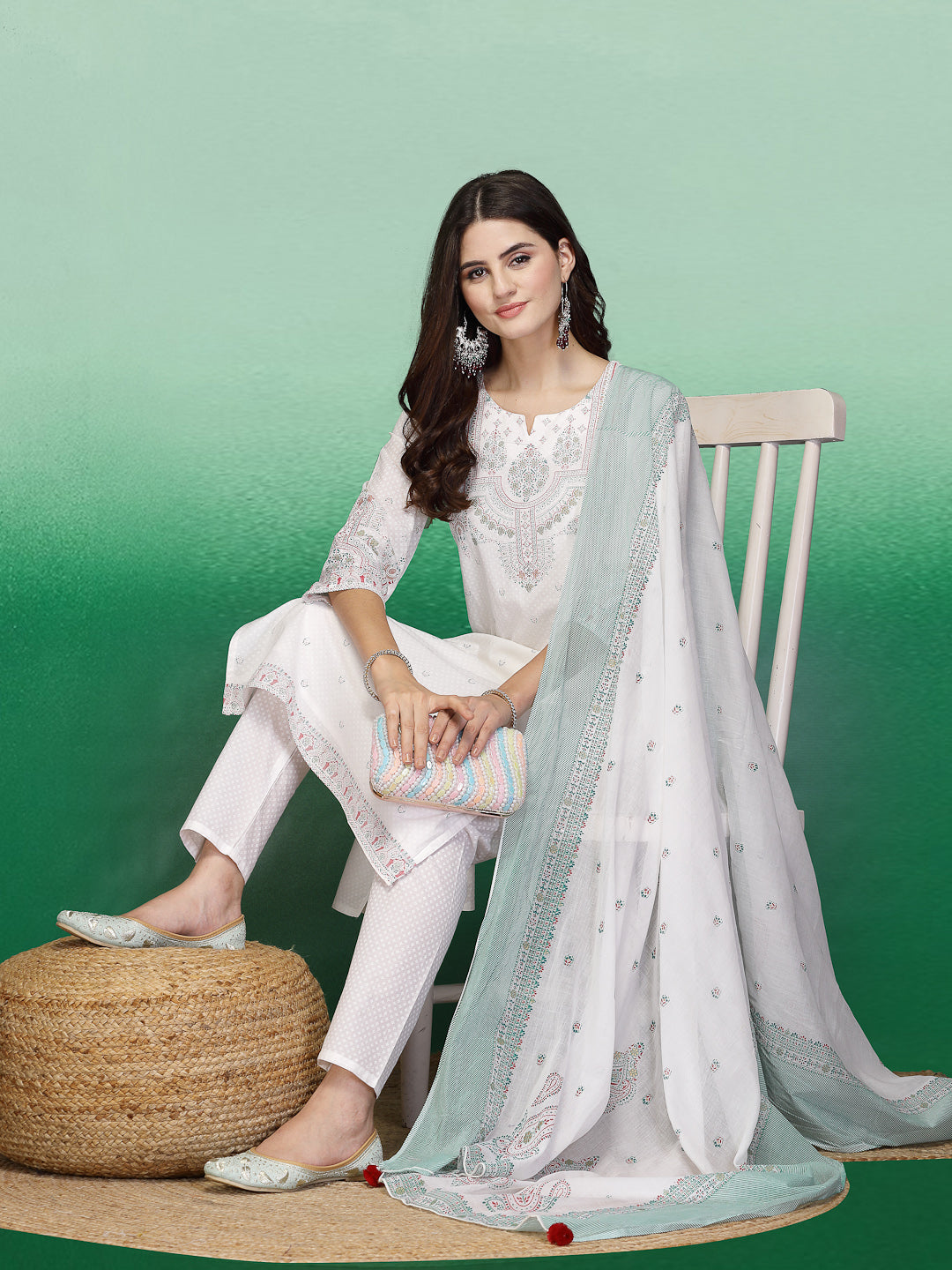 Women White Color Printed Staright Kurta Pant With Dupatta Set