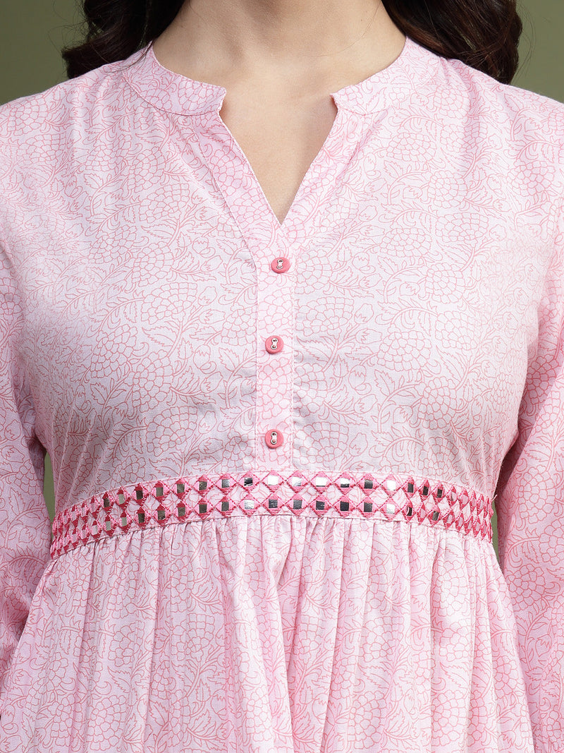 Women Pink Floral Printed Mandarin Collar Mirror Work Cotton Fit & Flare Midi Ethnic Dress