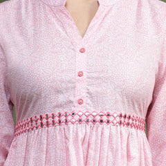 Women Pink Floral Printed Mandarin Collar Mirror Work Cotton Fit & Flare Midi Ethnic Dress