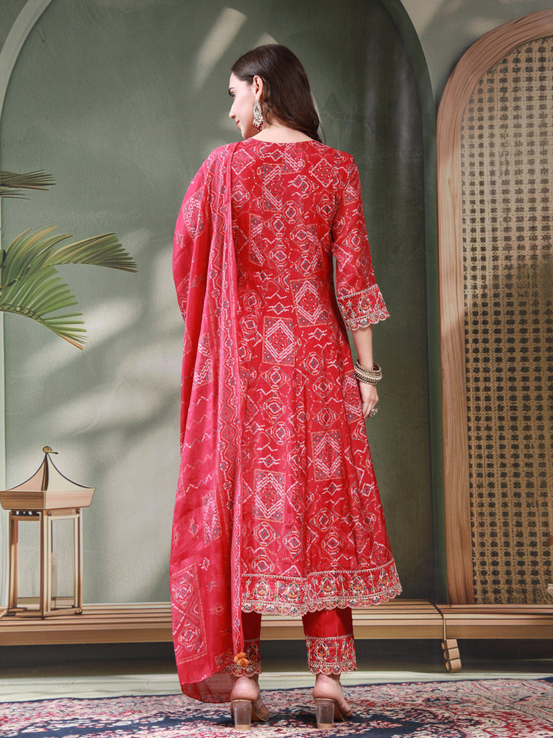 Women Pink Embroidered Keyhole Neck Kurta & Trousers with Dupatta Set
