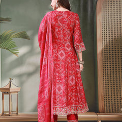 Women Pink Embroidered Keyhole Neck Kurta & Trousers with Dupatta Set