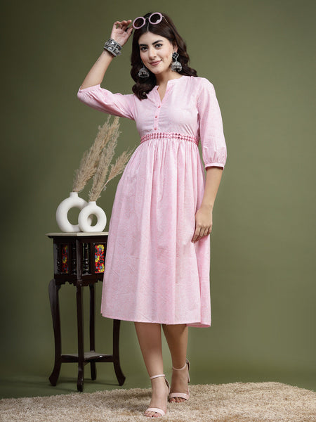 Women Pink Floral Printed Mandarin Collar Mirror Work Cotton Fit & Flare Midi Ethnic Dress