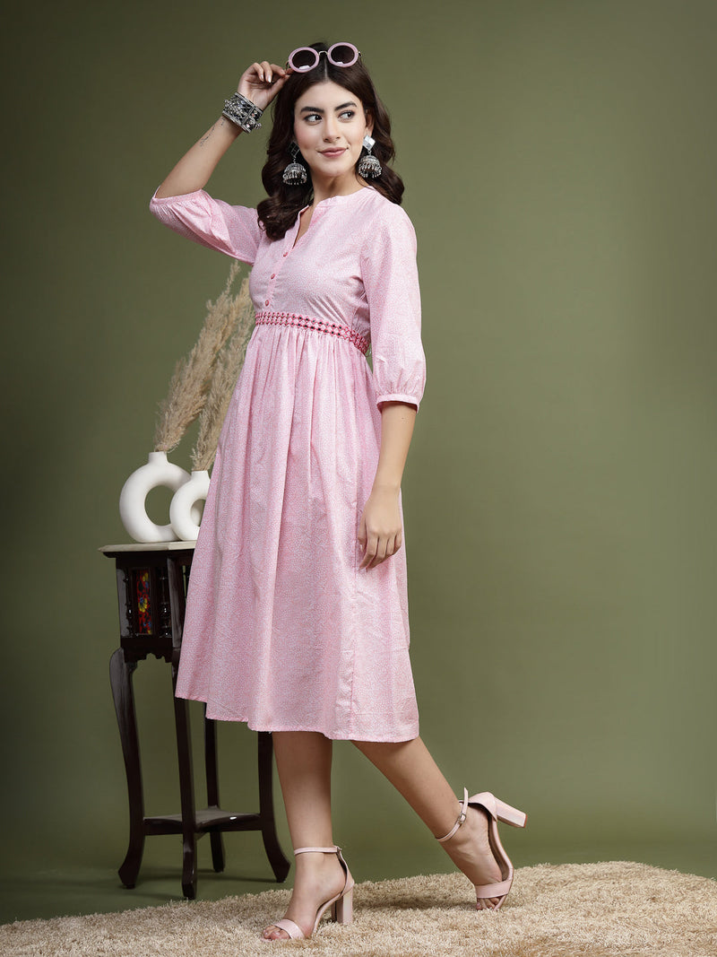 Women Pink Floral Printed Mandarin Collar Mirror Work Cotton Fit & Flare Midi Ethnic Dress