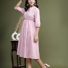 Women Pink Floral Printed Mandarin Collar Mirror Work Cotton Fit & Flare Midi Ethnic Dress