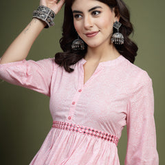 Women Pink Floral Printed Mandarin Collar Mirror Work Cotton Fit & Flare Midi Ethnic Dress