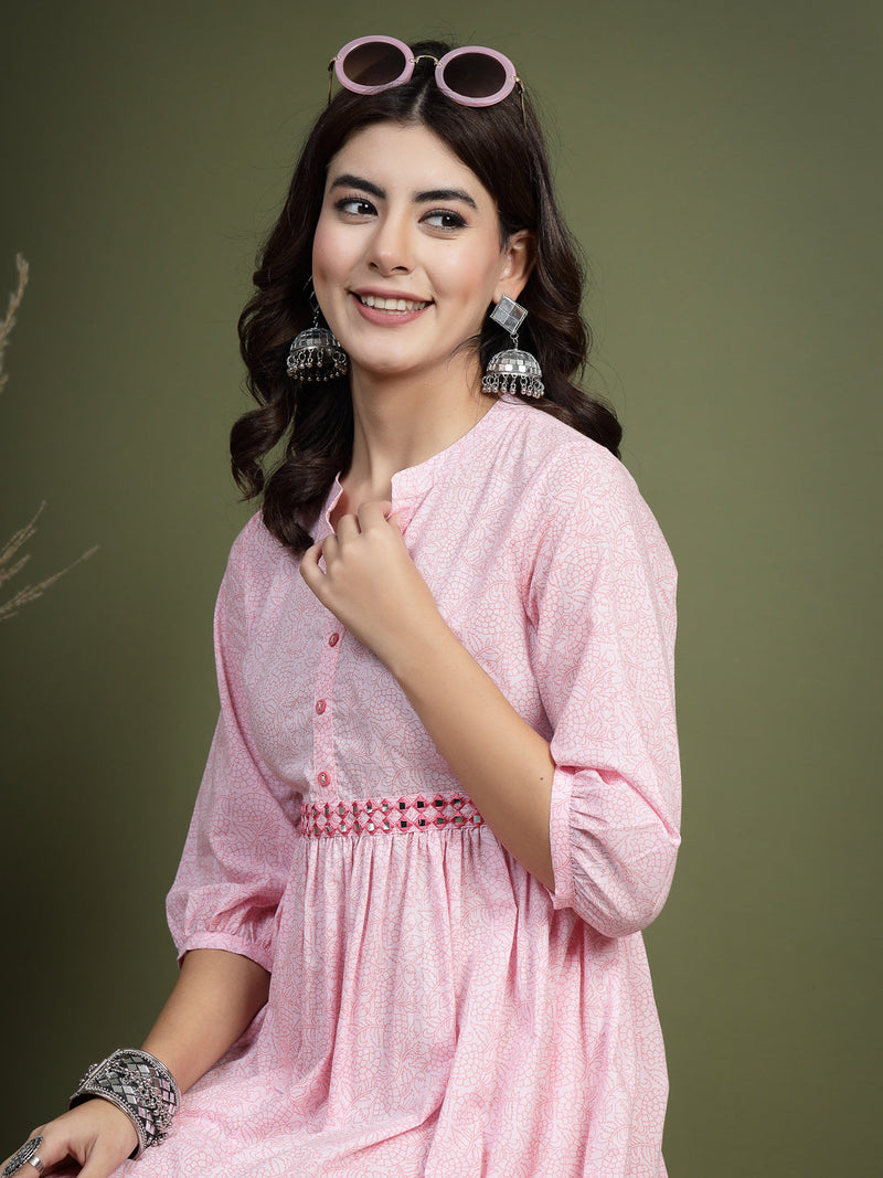 Women Pink Floral Printed Mandarin Collar Mirror Work Cotton Fit & Flare Midi Ethnic Dress