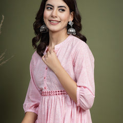 Women Pink Floral Printed Mandarin Collar Mirror Work Cotton Fit & Flare Midi Ethnic Dress