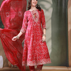 Women Pink Embroidered Keyhole Neck Kurta & Trousers with Dupatta Set