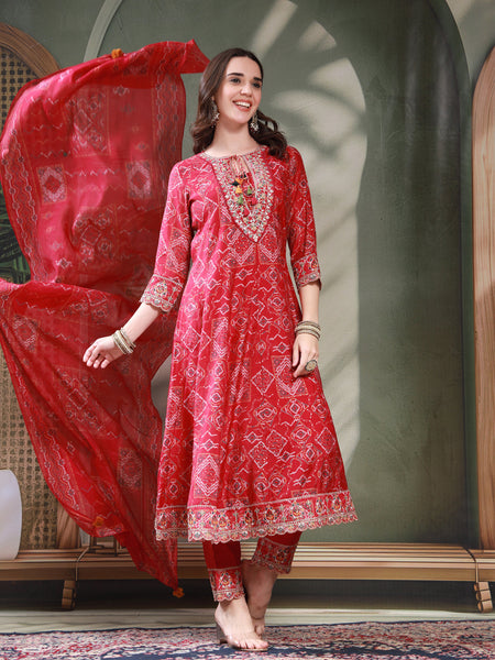 Women Pink Embroidered Keyhole Neck Kurta & Trousers with Dupatta Set