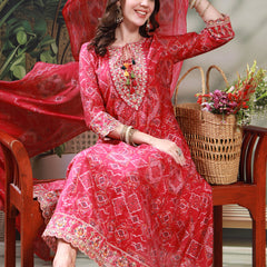 Women Pink Embroidered Keyhole Neck Kurta & Trousers with Dupatta Set