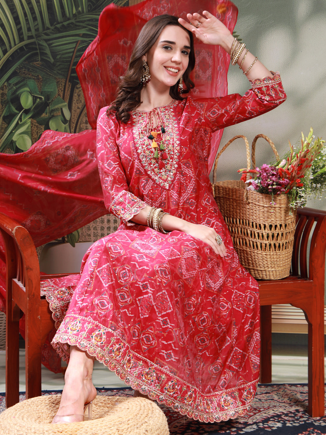 Women Pink Embroidered Keyhole Neck Kurta & Trousers with Dupatta Set
