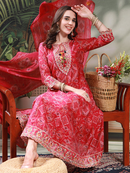 Women Pink Embroidered Keyhole Neck Kurta & Trousers with Dupatta Set