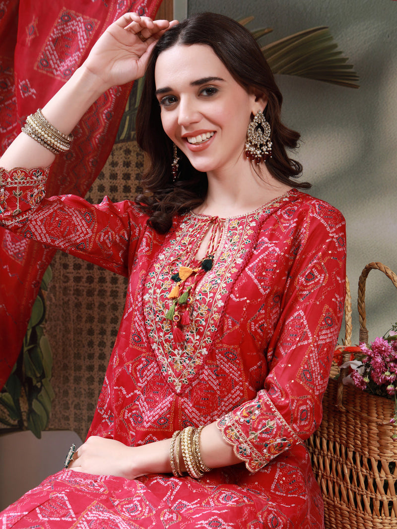 Women Pink Embroidered Keyhole Neck Kurta & Trousers with Dupatta Set