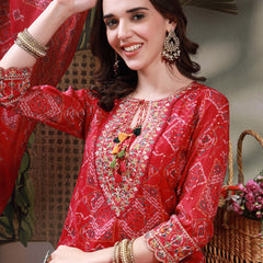 Women Pink Embroidered Keyhole Neck Kurta & Trousers with Dupatta Set