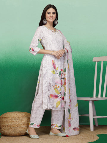 Women White Color printed Hand Work Kurta Pant With Dupatta Set