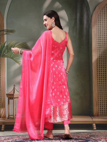 Women Pink Embroidered V-Neck Kurta & Trousers With Dupatta